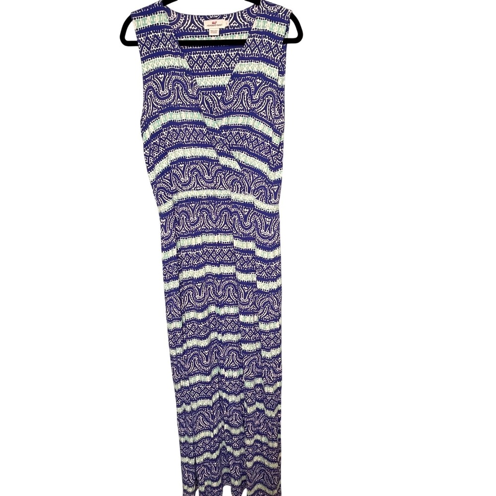 Vineyard Vines Maxi Dress Women's Large Blue White Green Geometric Sleeveless